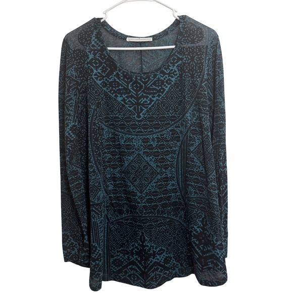 Peruvian Connection Tops - Peruvian Connection Womens XS/S Teal Black Geometric Print Long Sleeve Top